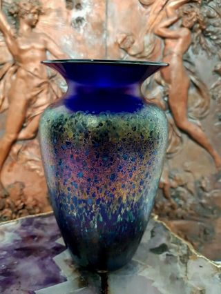 Robert Held Iridescent Cobalt Blue 7 " Art Glass Vase