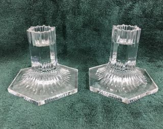 Tiffany & Co 2 Clear Crystal Candlesticks Louis Comfort Tiffany 3 1/4 Pair 1992