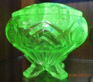 Art Deco Green Depression Glass Rose Bowl Vase With Flower Frog.  Uranium Glass