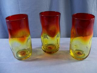 Set Of 3 Blenko Amberina Red Yellow Glass Indented Dimple Pinched Tumblers 6 "