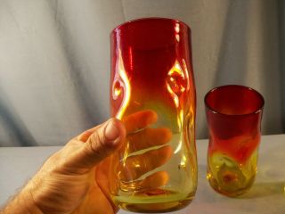Set of 3 Blenko Amberina Red Yellow Glass Indented Dimple Pinched Tumblers 6 