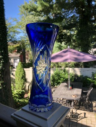 Cobalt Blue Cut To Clear Czech Bohemian Glass Vase 10 1/2” Tall Exquisite