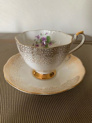 Vintage Queen Anne Bone China Teacup & Saucer Flowers & Gold 342 England