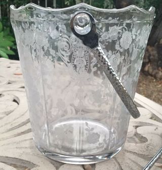 CAMBRIDGE GLASS ROSE POINT ETCHED ICE BUCKET/handle W/tongs Classic Discontin 2