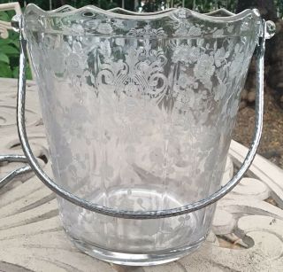 CAMBRIDGE GLASS ROSE POINT ETCHED ICE BUCKET/handle W/tongs Classic Discontin 3