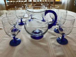 Princess House Heritage Set Of 8 Blue Stemmed Glasses And Matching Pitcher