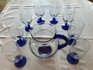 Princess House Heritage set of 8 blue stemmed glasses and matching pitcher 2