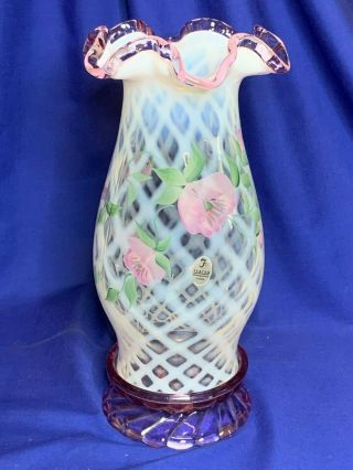 Fenton Art Glass Hand Painted Roses On White Lattice Hurricane Lamp Lilac Crest