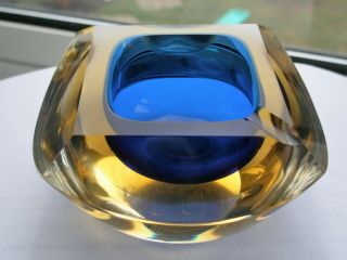 Murano Sommerso Faceted Glass Space Age Blue/ Yellow Ash Tray (art Glass) Uv Glow