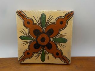 Vintage Hand Painted Ceramic Tile Mexico 5x5 & 4 1/2 " X 4 1/2 " Cactus Flower?