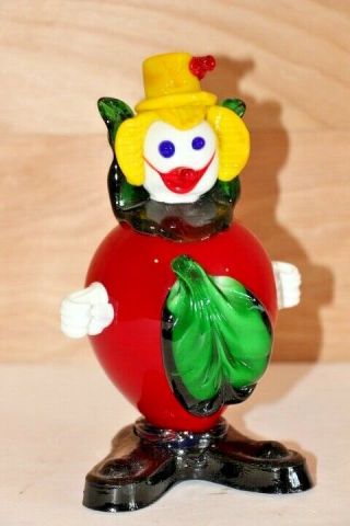 Italian Murano Art Glass 7.  5 Inch Tall Clown Red Belly With Leaf