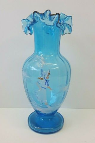 Fenton 8 " Mary Gregory Ruffled Vase Girl With Jump Rope Light Blue Paneled Glass