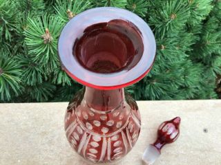 BOHEMIAN GLASS CUT GLASS RUBY COLOR TALL DECANTER BLOWN PONTILED 13 3/4” TALL 3