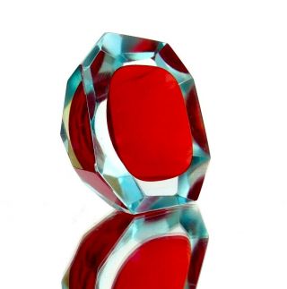 Murano Sommerso Art Glass Space Age Faceted Bowl Artic Ice Blue & Red