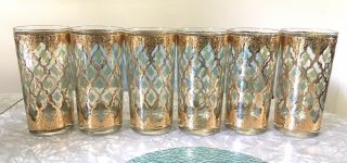 6 Vintage Mid Century Culver Valencia Gold & Green Drinking Glasses Tumblers