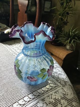 Fenton Misty Blue Opalescent Rib Optic Vase For Qvc 1998 Plum Edge Ruffled
