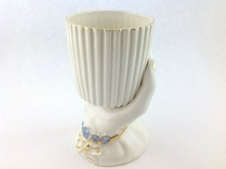 Vintage Ceramic Hand Holding A Cup Vase With Blue Flowers 4.  25 " Tall