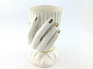 Vintage Ceramic Hand Holding a Cup Vase with Blue Flowers 4.  25 