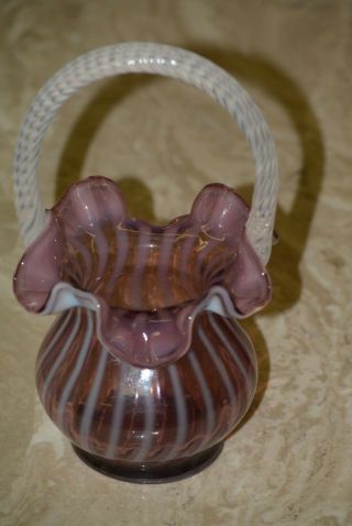 Fenton Art Glass Amephyst Or Plum Opalescent Rib Optic Basket 7 " Spiral Optic
