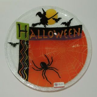 Peggy Karr Fused Glass Halloween Witch Spider Web Bat Bowl 11 "