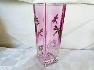 Teleflora 24 Lead Crystal Pink Glass Jeweled Silvertone Dragonfly Vintage Vase