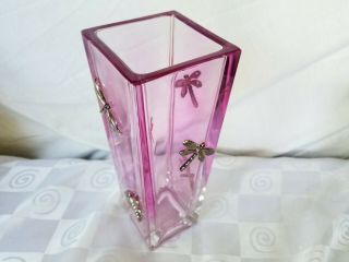 Teleflora 24 Lead Crystal Pink Glass Jeweled Silvertone Dragonfly Vintage Vase 2