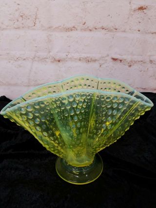 Fenton Topaz Opalescent Vaseline Glass Hobnail Large Scalloped Fan Vase