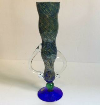 Czech Hand Blown Modern Art Glass Vase 11 " Blue Green Multicolor Offset Handles