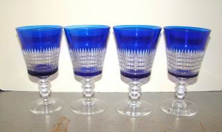 Val St.  Lambert Simplicity Cobalt Blue Cut To Clear Water Goblets Set Of 4