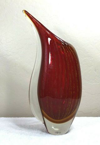 Vintage Murano Deco Cased Red With Yellow Glass Art Vase,  Tear Drop Shape