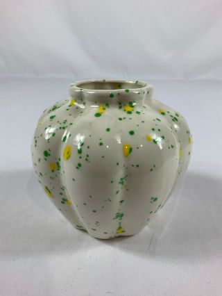 Studio Ceramic Pottery Bulb Vase Speckled Green And Yellow Glaze Paneled Marked