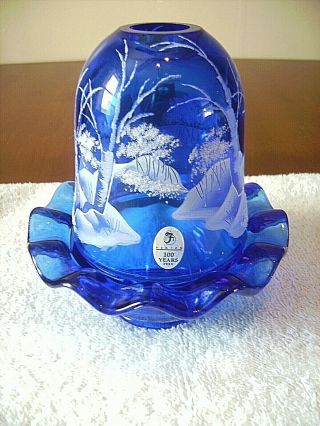 Fenton Glass Cobalt Blue Mary Gregory Style Artist Signed Fairy Lamp