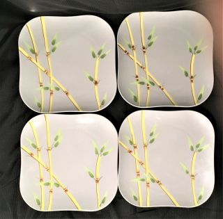4 Weil Ware Bambu Gray 9 ¾” Dinner Plates Yellow Bamboo Square EXC 2