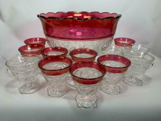Indiana Glass Lexington Ruby Red Flash Punch Bowl With 12 Pedestal Cups