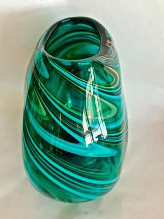 Hand Crafted Turquoise Swirl Vase Glass Tear Round Slender 2