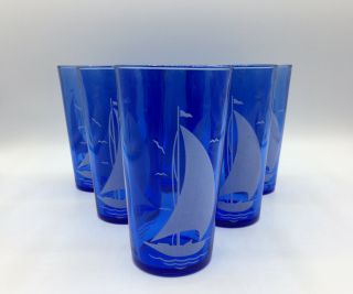 Set Of 6 Vintage Hazel Atlas Cobalt Blue Drinking Glasses White Sailboat