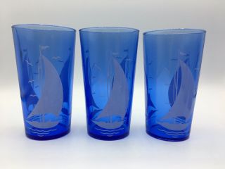 Set of 6 Vintage Hazel Atlas Cobalt Blue Drinking Glasses White Sailboat 2