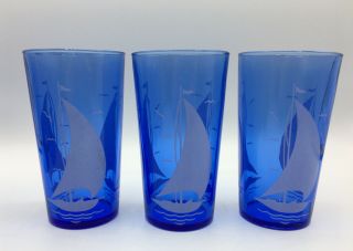 Set of 6 Vintage Hazel Atlas Cobalt Blue Drinking Glasses White Sailboat 3
