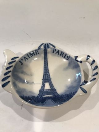 Vintage Blue & White Tea Pot Shaped Spoon Rest J’aime Paris Made In France