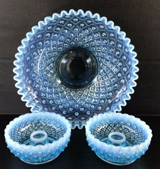 Vintage Fenton Art Glass Blue Opalescent Hobnail Bowl & Candle Holders Set Of 3