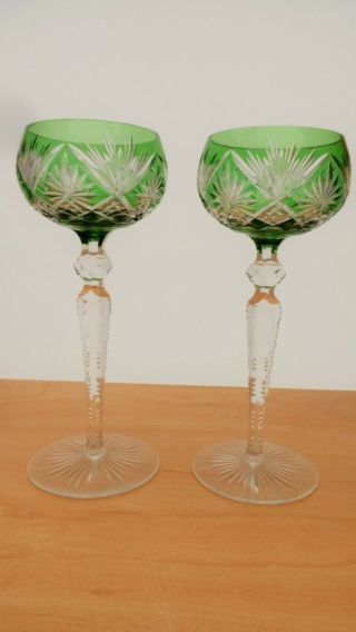 Two Bohemian Green Cut To Clear Glass,  Wine Or Hock Glasses 20 Cm High