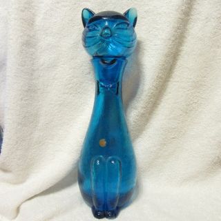 Vintage Cat Decanter Turquoise Blue Handblown Glass Pitcher
