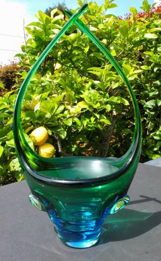 Vintage Murano Art Glass Basket In Blues And Greens 15 " Tall - Unsigned