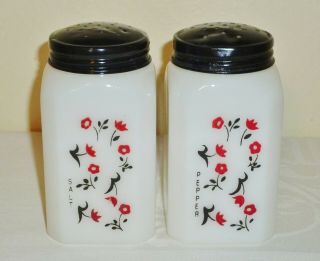 Tipp City Mckee Milk Glass Chintz Salt Pepper Shakers Range Set Red Flowers