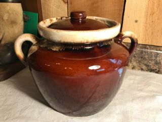 Vintage Mccoy Pottery Brown Drip Glaze Bean Pot Cookie Jar With Lid 343