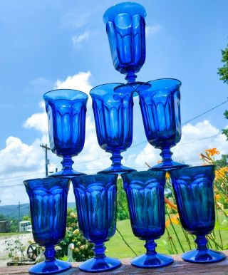 8 Pc Vintage Imperial Old Williamsburg Cobalt Ultra Blue Water Goblets 6.  5 " Usa