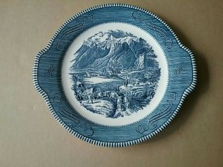 Vintage Currier And Ives Blue & White Handled Cake Plate “the Rocky Mountain”