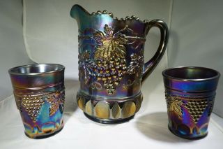 Northwood Amethyst Carnival Glass Cable & Grape Pitcher & 2 Tumblers
