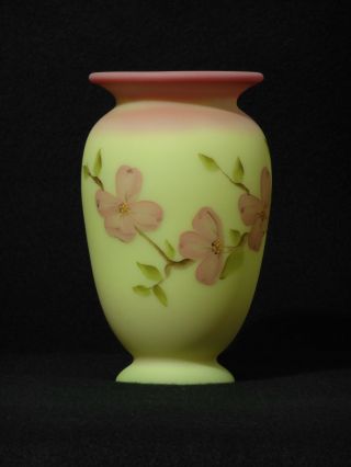 Fenton Burmese Hand Painted Dogwood Vase - Signed D.  Hill