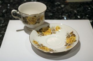 QUEEN ANNE VINTAGE CUP AND SAUCER PRETTY YELLOW ROSES 8616 LOOK RARE 2